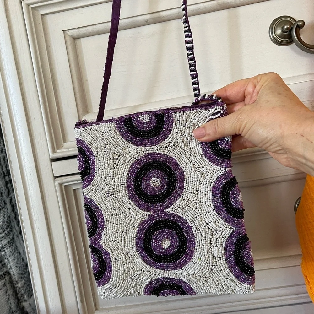 Vintage‎ Beaded Crossbody Purse. Purple, white, and black